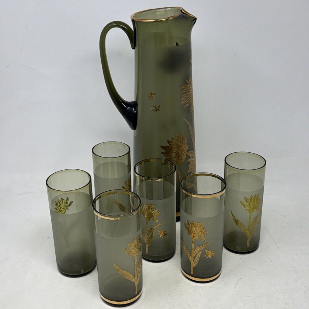 Bohemian Art Pitcher & 6 Glasses Olive Czechoslovakia Gold Floral Motif 1970